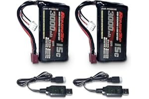 RoaringTop Batterie Li-ION 7,4V 3000mAh 2S Rechargeable avec T Plug et 2 Chargeurs USB pour Les Voitures WLToys 4WD Haute Vitesse RC et la Plupart des Voitures RC Camions à l’échelle 1/10, 1/12, 1/16