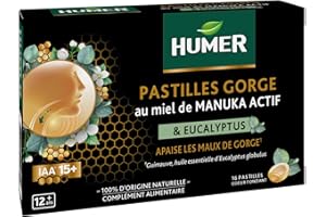 Humer - Pastilles Gorge Cœur Liquide Manuka 15+ - Apaise la gorge en cas de gêne - Formule 100% d'origine naturelle - Miel de Manuka, Guimauve et Huile essentielle d'Eucalyptus - 16 pastilles