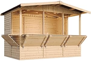 Wooden Market Stall, Wooden House Ideal as a Garden Bar or Retail Stand with Counter, FIVE WINDOWS, 263 x 336 cm, Quality Shiplap Pop-Up Kiosk for Outdoor Events TIMBELA M150B