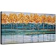 BPA® Gold Trees Canvas Wall Art Nature Painting Modern Blue Landscape Mountain Artwork, Abstract Teal Scenery Picture Large Size Framed for Living Room Bedroom Bathroom Home Office Wall Decor