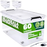 Deuba&reg; 2 x Storage Boxes 60L Lid Transparent Locking Clips Storage Toys Wheels Stackable