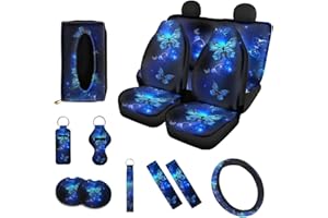 Poceacles Lot de 13 accessoires de voiture papillon bleu pour femme, housses de siège de voiture, housses de volant, coussinets de ceinture de sécurité, dessous de verre pour voitures, VUS