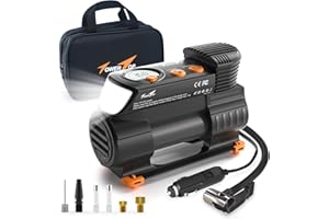 TowerTop Tyre Inflator Air Compressor: 2X Faster Heavy Duty Car Tyre Pump Portable 12V Digital Tyre Inflator with High Precision Pressure Gauge, Memory Function, 1 Min Inflation, LED Light, Handbag