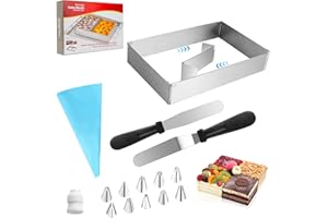TRUKAFIE Stampo Regolabile per Mousse in Acciaio Inox,Anello per Torta Rettangolare Regolabile con Divisori,Spatola, Sacchetto per Laminazione,Beccuccio per Laminazione, per Torte a Strati,Torte e Pizze