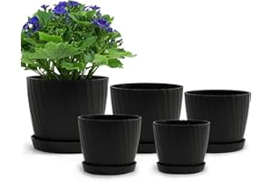 Warmplus Plastic Plant Pots, 19/17.5/16.5/15/14cm Flower Pots Indoor with Drainage Hole and Tray, Indoor Modern Decorative Planter Pot for All House Plants, Flower, Succulents, Cactus, Black