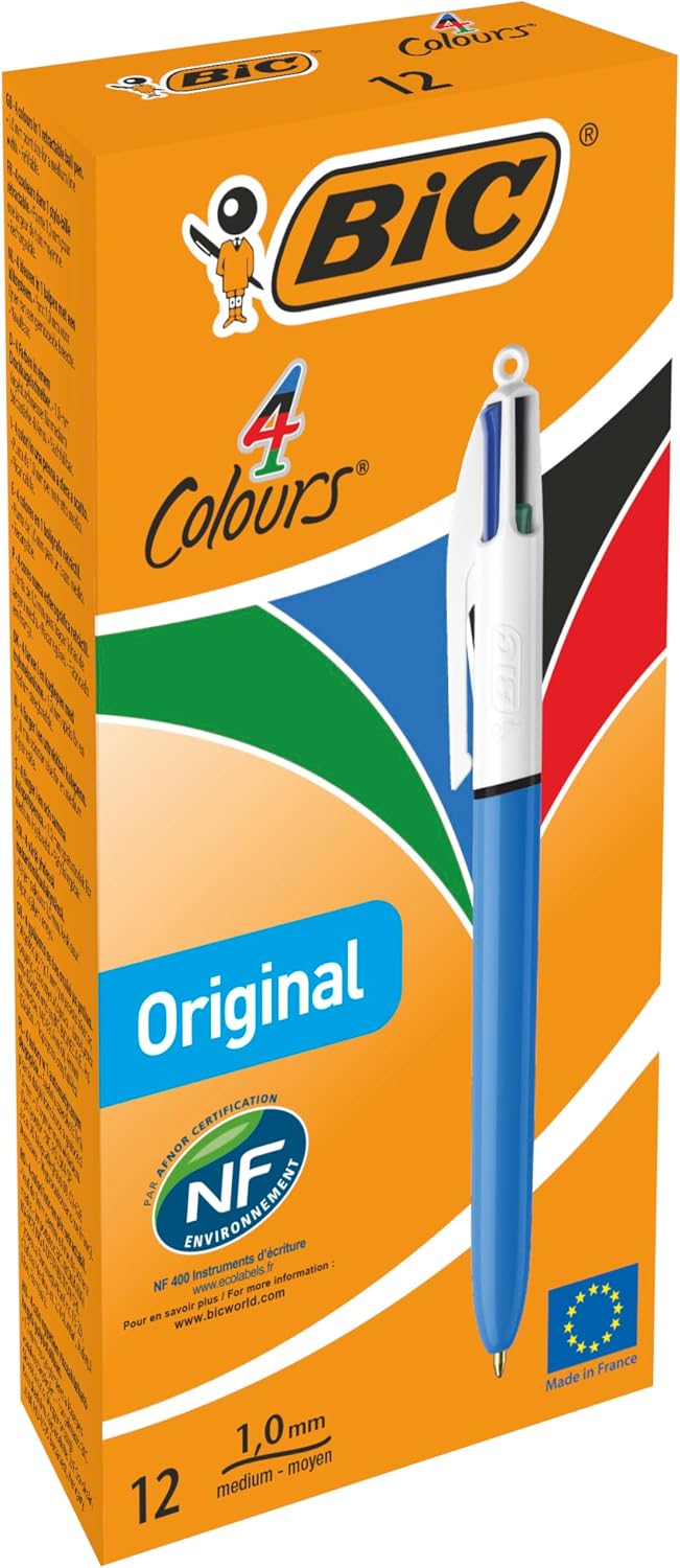 BIC 4 Couleurs Original - Stylos-Bille Rétractables Pointe Moyenne (1,0 mm) - Certifié NF Environnement - Boîte de 12