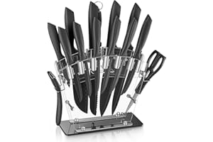 D.Perlla Couteau de Cuisines, 16 Pièces Noir Couteau à Revêtement Antiadhésif, Pas de Rouille, Set de Couteaux Cuisine en Acier inoxydable à haute teneur en carbone avec Aiguiseur, Blocs en Acrylique