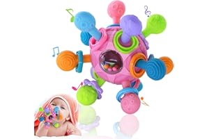 katietoy Jouet Bebe 6 Mois - Anneau Dentition Hochet Bebe 0-3 Mois, Balle Sensorielle Bebe avec Secouer/Claquer/Rotation, Jouet Bebe 4 8 9 12 Mois, Cadeau Naissance Fille Enfant et Garçon (Rose)