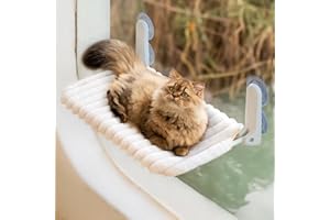 MEWOOFUN Drążek do siedzenia dla kota na okno, składany, ze zdejmowaną i odwracalną poszewką – miękki hamak na okno dla kota ze wzmocnioną ramą stalową, stabilny do 18 kg (biały, M)