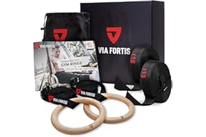 ‎VIA FORTIS VIA FORTIS® Premium Turnringe aus Holz inkl. Gurte, Tasche & Workout-Guide – Gym Ringe für Calisthenics & CrossFit in Wettkampfausführung – extrabreite Gurte mit Markierungen