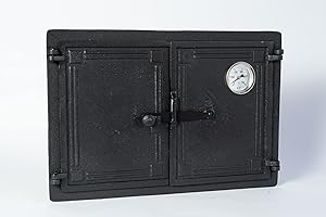 Sezam, Puerta de horno de hierro fundido, puerta doble para horno de pizza de 47,5 x 32,5 cm, con termómetro de 500 C, horno de pan, cocina de jardín y cámara de ahumado, color negro