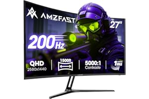 Amzfast Écran PC Gaming 27 Pouces Incurvé, 2K QHD(2560 x 1440), 200Hz Moniteur, 1ms MPRT, 1500R, sRGB 134%, Adpative Sync, HDR400, Eyes-Care,VESA 100 x 100, HDMI 2.0 x 2/DP 1.4 x 2, AMZG27C1Q