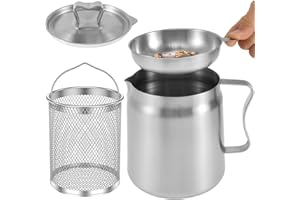 ALONGEN Olla de filtro de aceite, olla de acero inoxidable de 1,5 L/2 L con tapa y colador de malla fina, recipiente de grasa de tocino de acero inoxidable, tanque de filtro de aceite multifuncional para