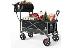 EVER ADVANCED Festival Trolley on Wheels Push & Pull with Shopping Basket, Foldable Heavy Duty Camping Trolley with Cup Holder Side Pockets, Beach Cart up to 120KG, Garden Folding wagon Black