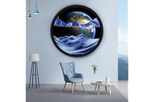 OLYWEI 23.6'' Moving Sand Art Picture Round Glass 3D Deep Sea Sandscape Room Decoration, Glass Crafts Solid Wood Frame, Relaxing Mood Home Office Work Wall Art Decor（Blue）