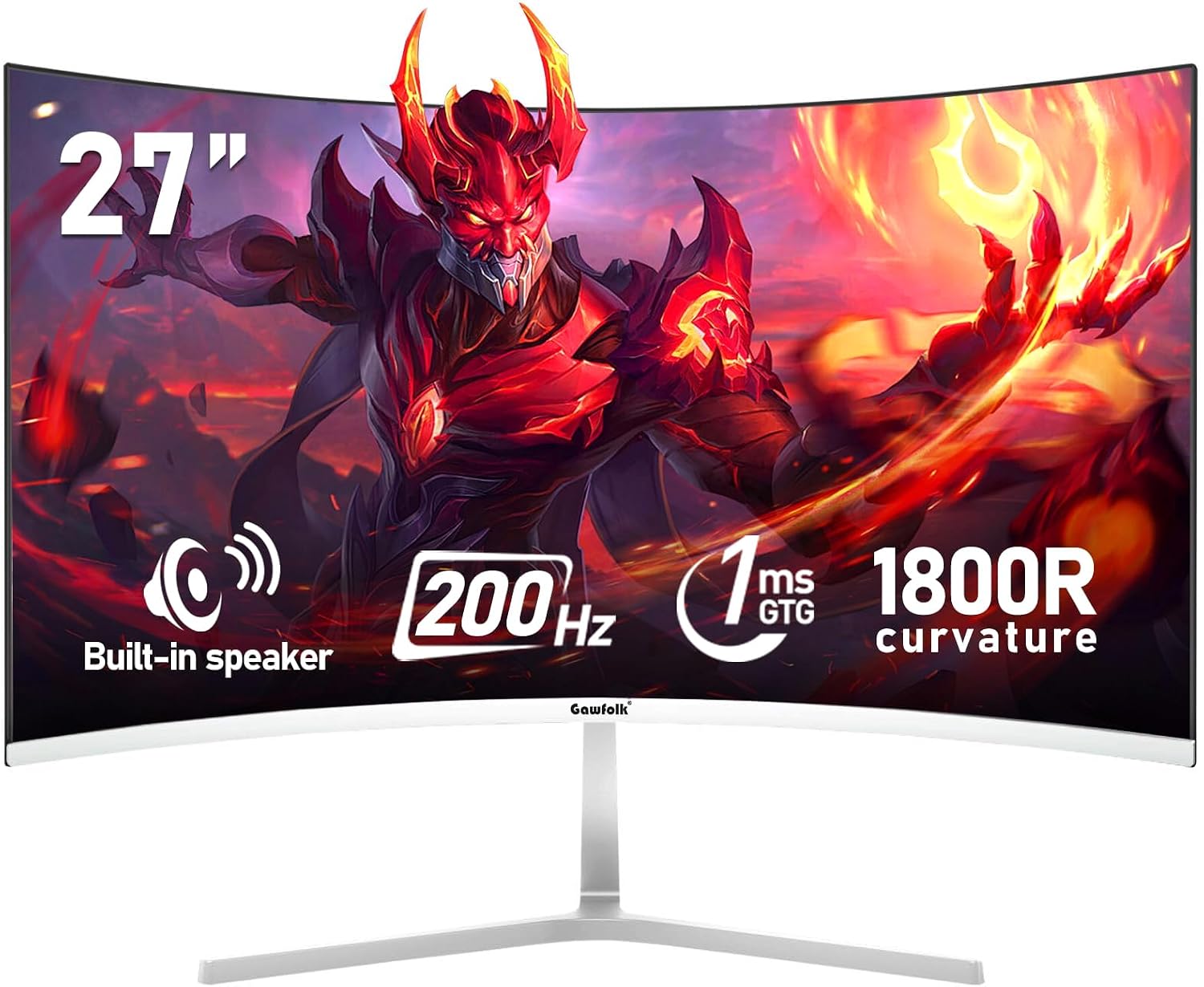 Gawfolk 27 Inch PC computer screen,1800R Curved Gaming 200Hz Monitors, FHD1080p,1ms,Built-in speaker, freesync, 98%sRGB,178 ° Angle View,HDMI DisplayPort, Compatible with Wall-Mounted 100*100MM-White