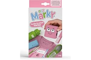 COLOP MARKY C166668 - Zestaw pieczątek w kolorze różowym z czarnym tuszem do oznaczania różnych przedmiotów i odzieży, w tym wymienne pieczątki, pęseta i naklejki.