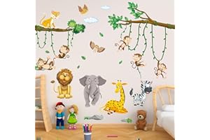 Jowfay 2 Adesivi Murali Animali, Carta Parete Cameretta Sticker Murali Leopardo Scimmia Leone Elefante Giraffa Zebra Rami Albero Verde Decorazione Parete per Camera Asilo Nido Bambini
