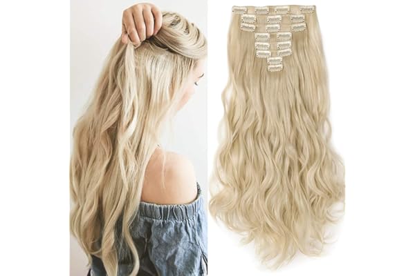 SEGO Extension Clip Cheveux Bouclé Synthetique - Rajout Cheveux Clips Naturels - Extension à Clip Cheveux Ondulé 8 Bandes Pas Cher - 43 cm Blond Blanchi