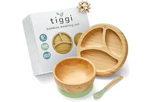 Bamboo Weaning Set by Tiggi, Complete with Baby Bowl and Suction Plate for Weaning, Baby Feeding Set, Kids Dinner Set, Toddler Plates and Bowls Sets (Soft Mint)