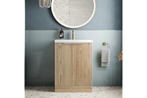 BAYSTONE® Fluted 600mm Bathroom Vanity Unit Ceramic Wash Sink, Cloakroom Storage Furniture Under Basin Cabinet Floorstanding Cupboard, Wood