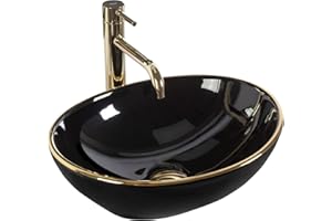 Rea Umywalka nasadowa Sofia Black Gold Edge umywalka do łazienki z wysokiej jakości ceramiki 410 mm x 345 mm x 150 mm (złoty/czarny)