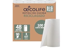 ŒCOLIFE oecolife - Strofinacci da cucina ricicling, 48 rotoli da 90 fogli, fogli corti, rotoli da cucina, sostenibili, rotoli per la casa, asciugamani di carta, carta da cucina
