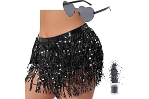 QUANMAITONG Pailletten Rock Damen Bauchtanz Hüfttuch，Glitzer Rock Damen für Halloween Karneval QuastenRock， Glitzerrock Bauchtanz Kostüm Damen und Mädchen (Polyester, Rose)