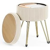 SONGMICS Pouffe Storage Velvet Dressing Table Stool 39 x 44.5 cm | Round Storage Bench, 4 Metal Legs, Padded Seat, Cream Whit