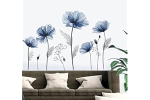 decalmile Pegatinas de Pared Flores Azul Vinilos Decorativos Flor Amapolas Plantas Adhesivos Pared Dormitorio Salón Comedor Baño