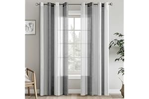 EMEMA Tende a righe trasparenti con occhielli Tende in voile Soggiorno moderno Set di 2 tende Camera da letto Trasparente con motivo Tenda a righe semitrasparente 140 x 260cm Bianche e Grigie