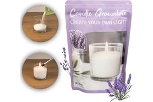 DECOLITE Kerzensand Kerzengranulat/Wachsgranulat im Beutel inkl. 4 Dochte - 400 g - mit Duft oder ohne Duft - universal einsetzbar - Gläser recyceln (Lavender)