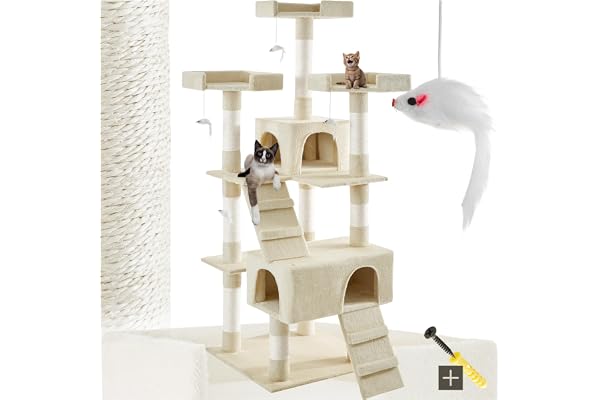 tectake® Arbre à Chat Griffoir pour Chats en sisal H170 cm, Jeux Chat Appartement Accessoire Grattoir Niche Couchage Panier Lit pour Chats Jeu à Souris Echelle