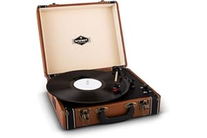 auna Jerry Lee - Reproductor de Vinilo, Tocadiscos Vintage, Altavoces estéreo, Tocadiscos de Vinilo, 3 tamaños Vinilo, USB, Digitalización, MP3, 3 velocidades, 33/45/78 RPM, Salida RCA, Asa, Marrón