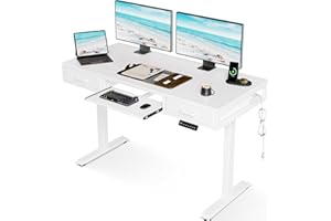 OffiGo Biurko z regulacją wysokości z szufladami, 120cm biurko elektryczne z regulacją wysokości z półką na klawiaturę, biurko komputerowe z gniazdkiem, Standing Desk, Biały