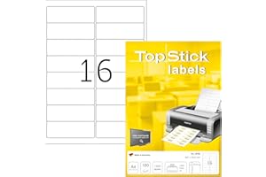 TopStick A4 Self Adhesive Address Labels, 16 Labels Per Sheet, 100 Sheets, 99.1 x 33.8 mm, 1,600 Labels, Blank Printer Labels For Laser & Inkjet, Printable Sticky Paper Labels