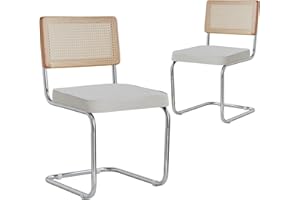 ‎GRANDCA HOME GrandCA HOME Modernes 2er-Set Esszimmerstühlen mit Rückenlehne aus Natürlichem Rohrgeflecht und Gestell aus Rostfreiem Chrom, Gepolsterte Rattan-Küchenstühle,Weiß