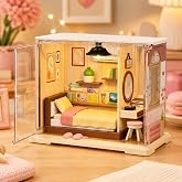 VARDEM Oyuncak Işıklı Kendin Yap Minyat&uuml;r Yatak Odası Seti 55 Par&ccedil;a, LED Işıklı DIY Mini Oda Maketi, El Becerisi ve Yaratıcıl