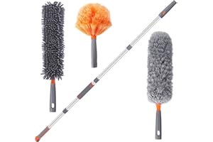 Baban Plumeau Poussière 3 en 1, avec Manche Démontable 3 Types Plumeau de Nettoyage en Microfibre Pliable Lavable Poussière Plafond Rideau Lustre (180cm)