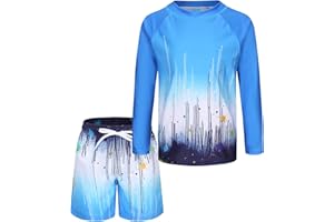 AISYEE Boys Swimming Costume Two Piece Swimsuit Set with Swimming Trunks Kids Long Sleeve Bathing Suit Swimwear