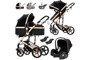 PROKOKE Sistema de Viaje 3 en 1 Silla de Paseo Cochecito de Bebé 3 en 1 Carrito con Capazo para Recién Nacido Cochecito de Viaje Portátil Plegable con Paisaje Alto de Lujo Real (588 Black Gold New)