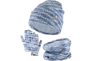 QKURT Kids Beanie Hat Scarf Glove Set, Children Winter Thermal Cap Neck Warmer Touch Screen Gloves Soft Warm Hat Scarf Mitten Colorful for 5-10 Years Old