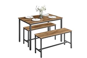 VASAGLE Dining Table with 2 Benches, 3 Piece Set, Kitchen Table of 70 x 110 x 75 cm, 2 Benches of 30 x 97 x 50 cm Each, Steel Frame, Honey Brown and Ink Black KDT070B41