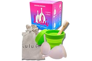 ACERFULL -LULUCUP-Coppetta Mestruale-2-Coppette Mestruali-1-Sterilizzatore-1-Borsa da Transporto-1-Spazzolino Bamboo-Morbida-Silicone-Assorbenti-taglia SL-Lavabili-Anallergica-Riutilizzabile-Ecosostenibile-
