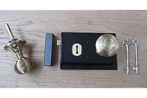 IRONMONGERY WORLD® Black Lock and Polished Brass Traditional Old Vintage Style Rim Door Lock & Rim KNOB Set Handles (REEDED Rim Queen Anne Style)