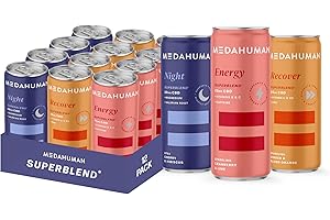 MEDAHUMAN CBD Drink (20mg) Mixed Pack, Adaptogen, Nootropic and Nutrient Functional Wellness Drinks - for Energy, Recovery and Night for sleep - Feel Calm, Low Calorie & Vegan (Pack of 12x 250ml)