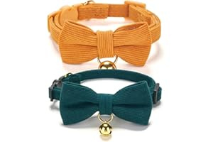 Petiry Soft Corduroy Cat Collars - Breakaway Kitten Collars with Removable Bow Ties & Gold Bells,Pack of 2,Green Orange