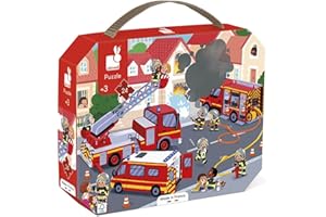 Janod - Puzzle Enfant Pompiers 24 Pièces - Jeu Educatif Motricité Fine et Concentration - Valisette Poignée - Fabriqué en France et Certifié FSC - Encres Végétales - Dès 3 Ans, J02605