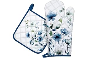 Arquiel Gants De Four & Maniques Lot De 2, 100% Coton Maniques Cuisine Gant Four Anti Chaleur Extra-Longue pour Barbecue, Cuisine, Griller, Micro-Ondes(Fleur d'encre Bleue)