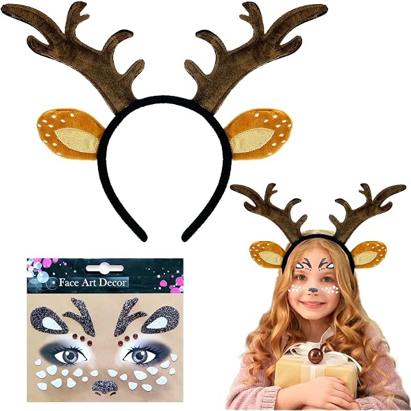 SIVZUMO Cerchietto Con Corna Di Cervo E Orecchie - Fascia Per Capelli Con Tatuaggio Viso Incluso - Accessorio Costume Da Renna Per Donna - Ideale Per Halloween, Natale E Carnevale - 4